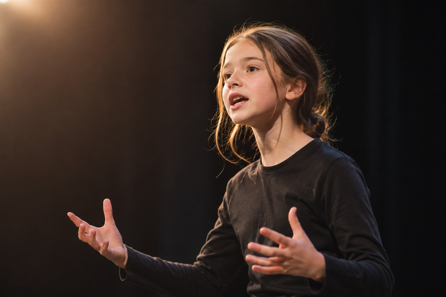 A young student performing a LAMDA speech piece on stage