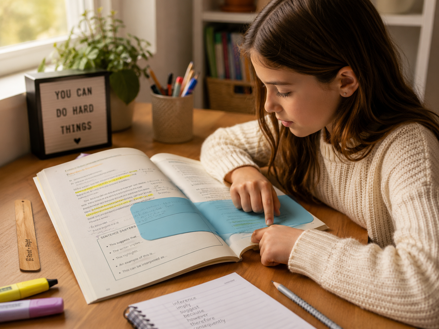 A girl reading a highlighted textbook at a sunlit desk with a reading ruler and vocabulary notes